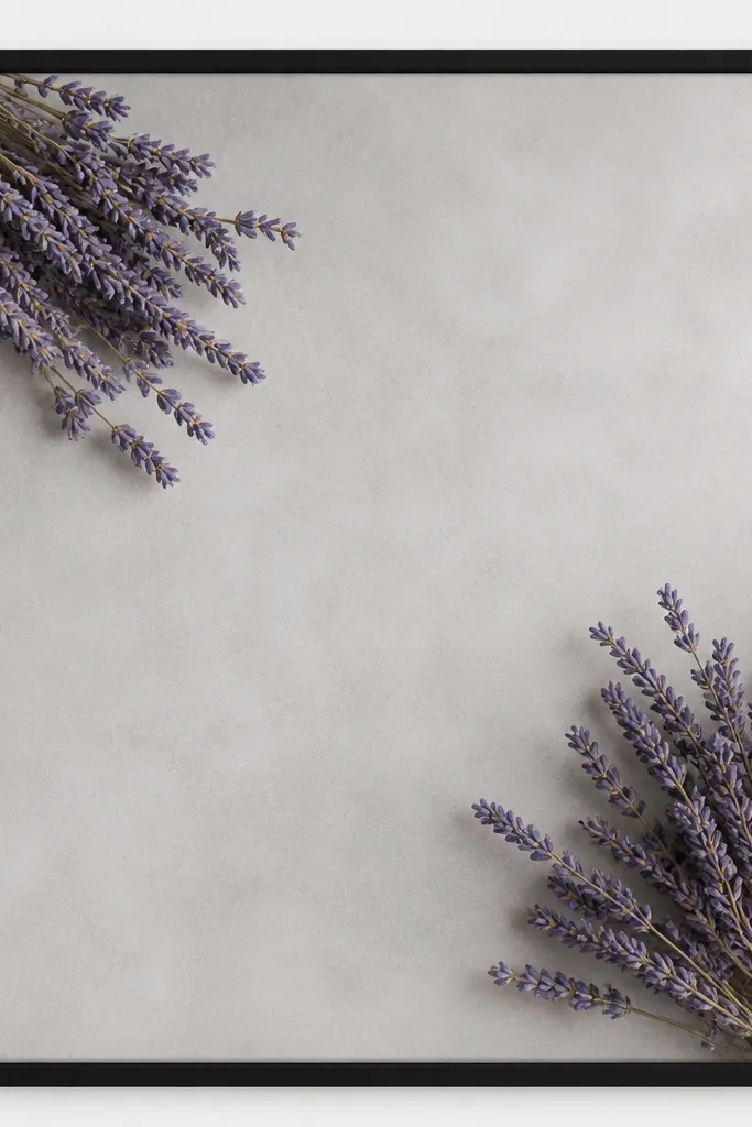 A black frame with a light gray background. Two corner clusters of dried lavender sprigs sit in the top-left and bottom-right, with lots of negative space in the other two corners.