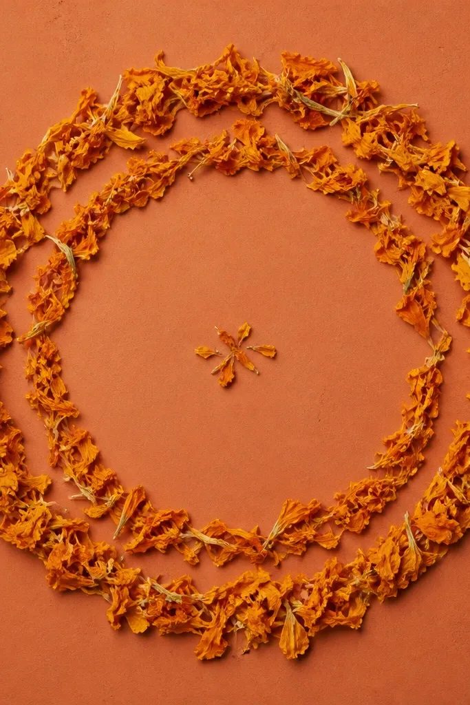 A terracotta-colored frame border with dried marigold petals arranged in two partial rings. The rings sit around a blank center circle with a few small marigold pieces in the middle.