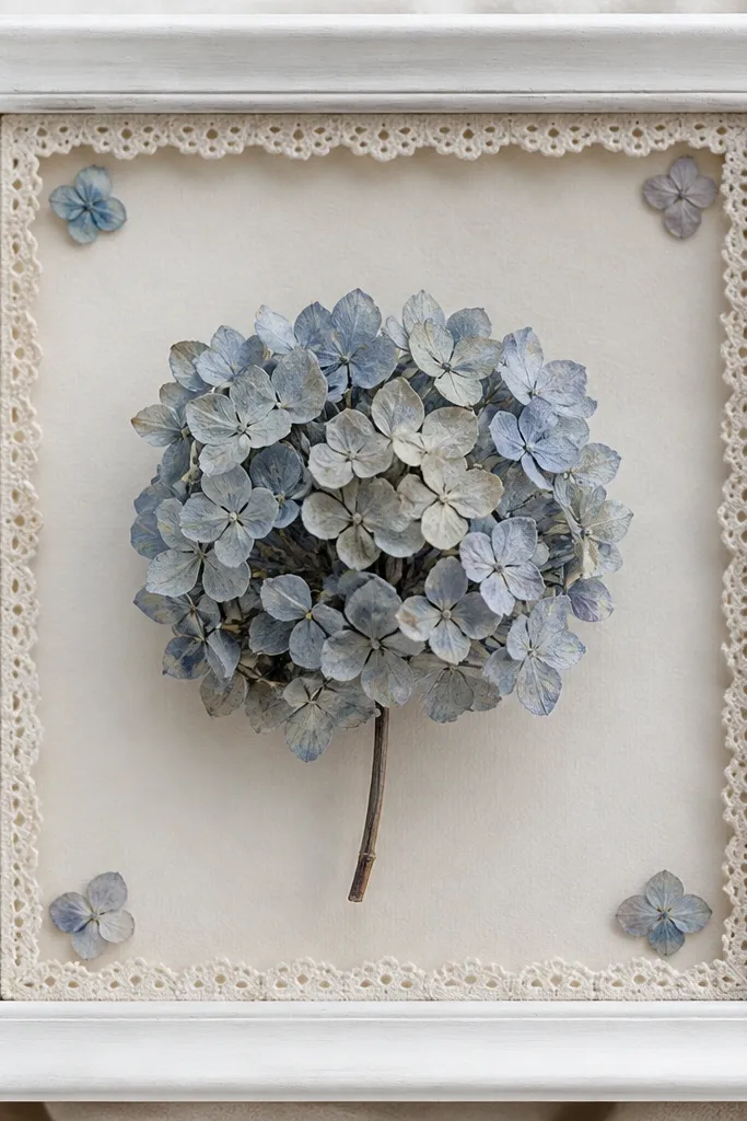 A white frame with a blue-grey dried hydrangea cluster placed in the center. A thin strip of off-white lace is glued along the inner border, and a few tiny hydrangea bits sit near the corners.