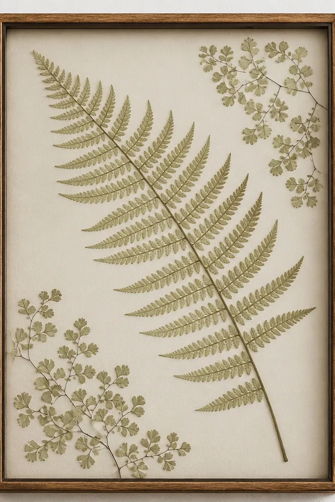 A thin wood frame with a pale green pressed fern laid diagonally. Small pressed fernlets fill the corners. The surface looks smooth and protected, like a glassy top layer but not shiny.
