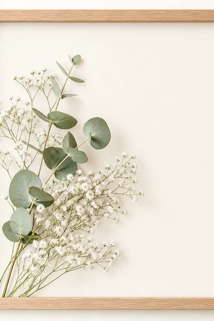 A light oak frame with a clean cream background. A small eucalyptus sprig sits off-center to the left, and a cluster of tiny white baby's breath fills the space around it. The arrangement is light and airy.