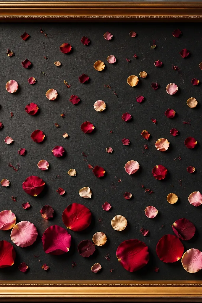 A gold-toned frame with a dark charcoal background. Rose petals are scattered like confetti across the center, with a few larger petals grouped near the bottom. Everything looks intentional and evenly spread.