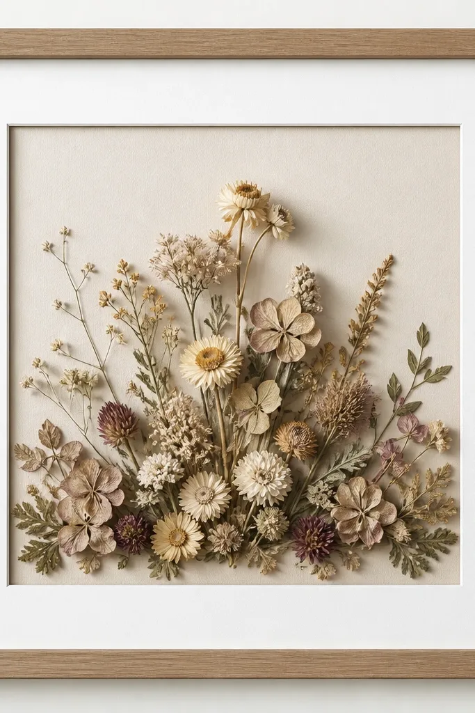 A frame with a white mat border. Dried flowers sit in two layers: a flatter base layer across the bottom half and a slightly raised center cluster. The raised pieces cast a soft shadow.