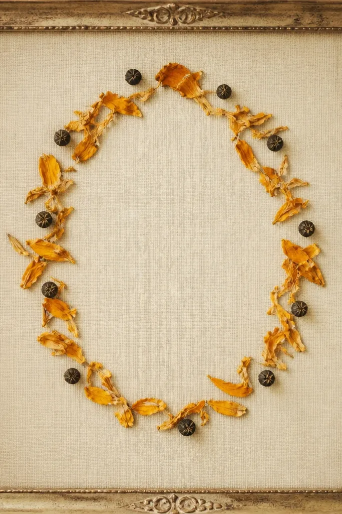 An antique-looking frame with an oatmeal background. Marigold petals form a loose oval in the center, and black seed pods are placed like small dots around the oval. The edges stay clean.