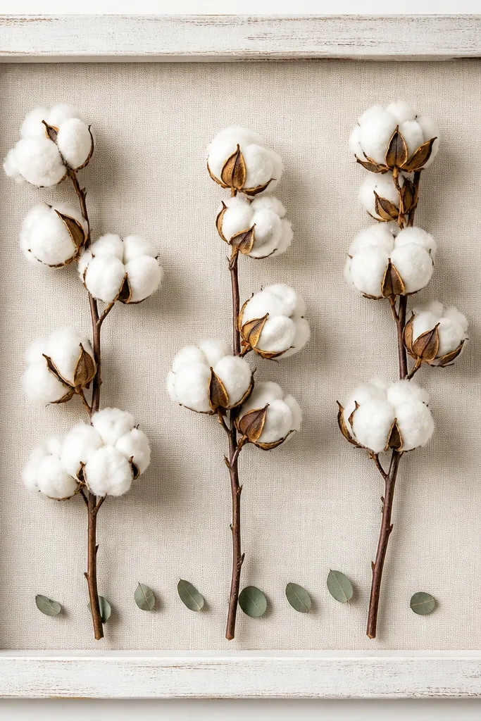 A whitewashed wooden frame with a pale linen-looking backing. Three dried cotton stems sit vertically, slightly leaning, with fluffy white texture. A few tiny green leaf bits sit near the base.