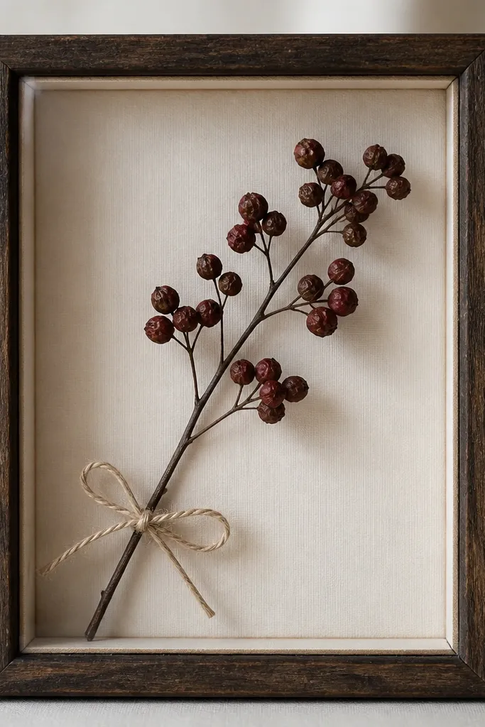 A small shadowbox frame with a clear front. A single dried berry stem runs diagonally from bottom-left to top-right. A thin twine bow wraps around the stem base, and the background is off-white.