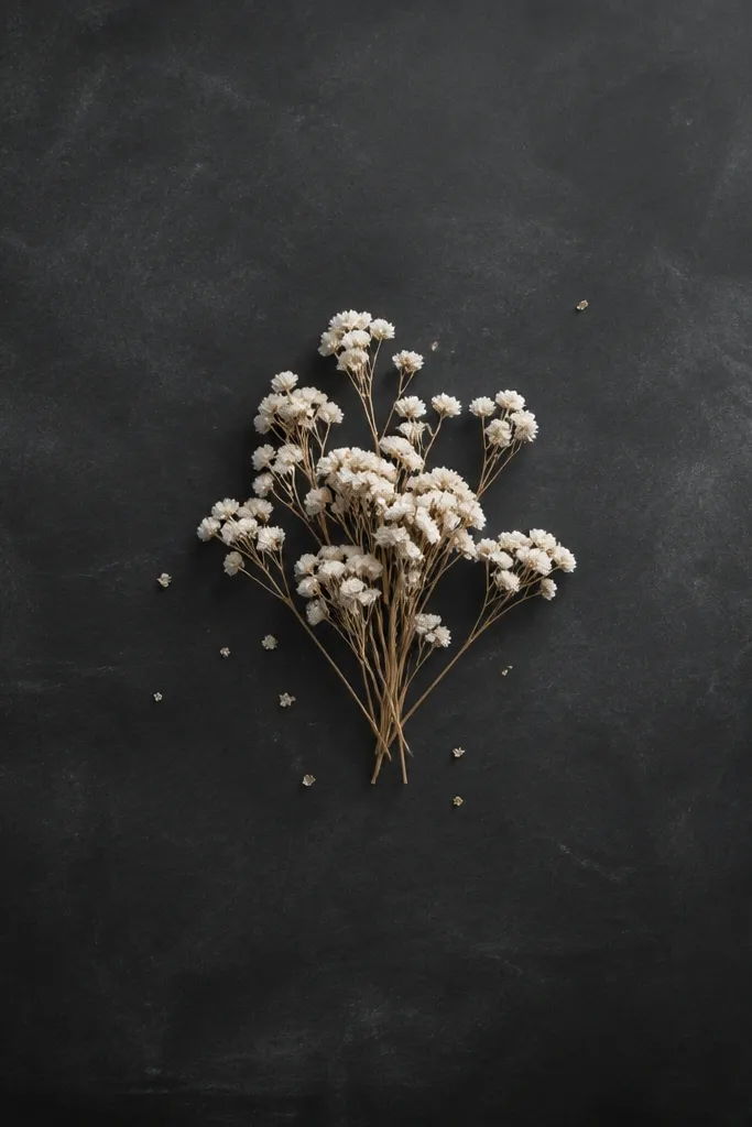 A frame with a chalkboard-like dark gray background. White dried flowers are arranged in a small cluster near the center, and you can see a few tiny leaf fragments around it. The background looks like it could be written on, but it stays plain.
