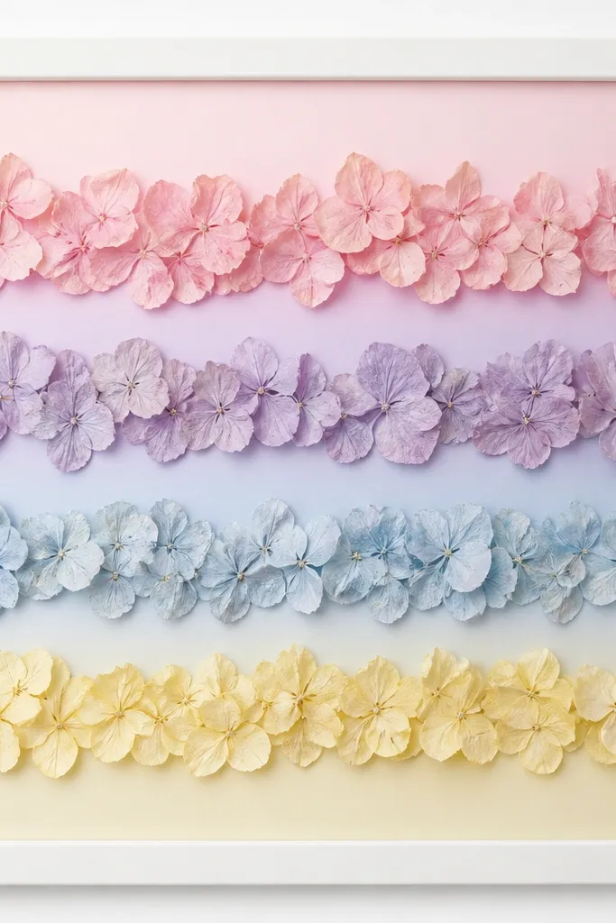 A white frame with a pastel gradient background. Dried petals are arranged in horizontal bands: pale pink, lavender, light blue, and butter yellow, each band using the same flower type. The bands are straight and evenly spaced.