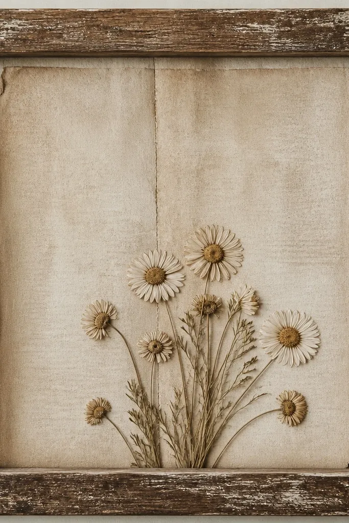 A distressed wooden frame with aged book pages as the background. A small cluster of dried daisies sits in the lower center. The daisies look flat and detailed, and the page text shows through around them.