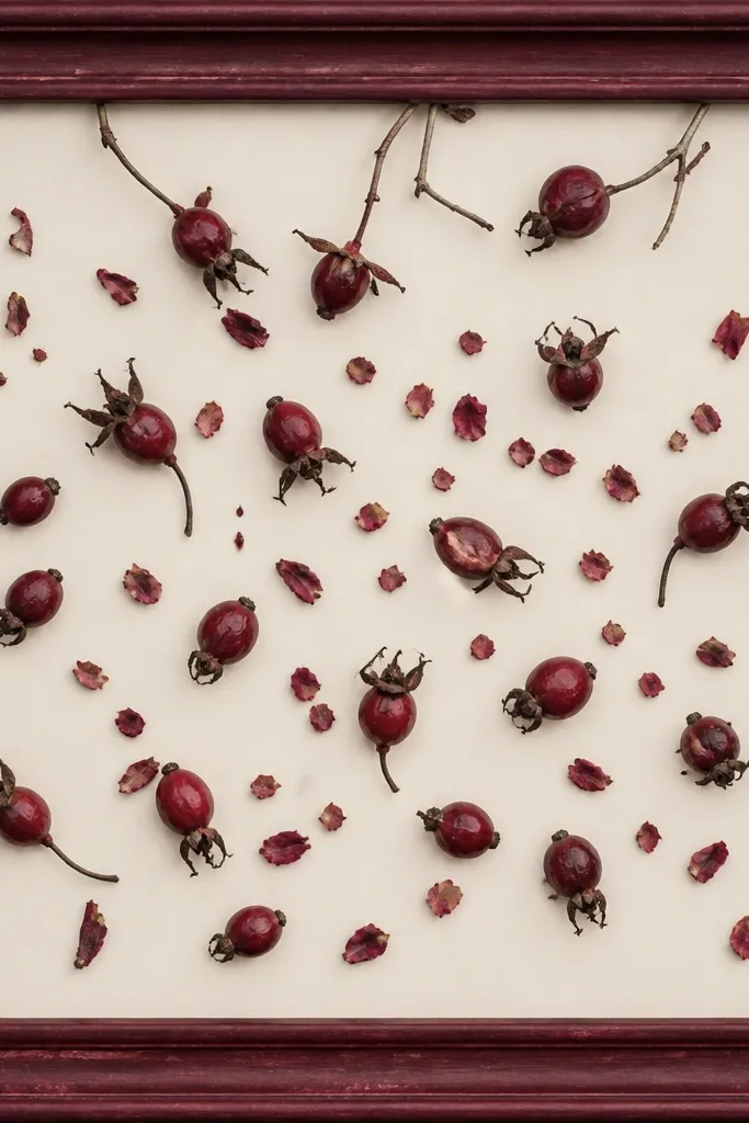 A deep burgundy frame with a cream background. Burgundy rose hips and tiny dried petals are scattered like confetti in the center. A few stems peek out at the top edge, but the overall layout stays tight.