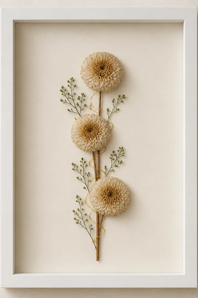 A white frame with a light beige background. Three dried button mum blooms sit in a vertical line. Thin gold thread is wrapped around the stems like a guide line, and tiny green leaves fill gaps.