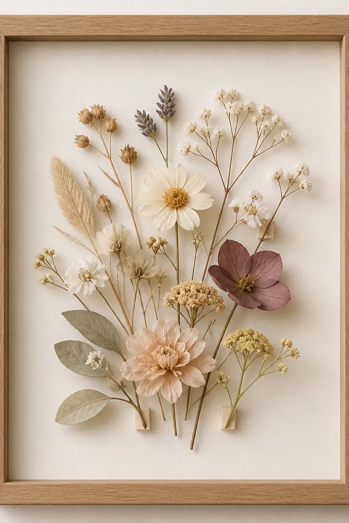 A frame with a visible foam board backing. Dried flowers appear to float slightly above the background, with a few small stems raised on foam squares. The composition is centered and neat.