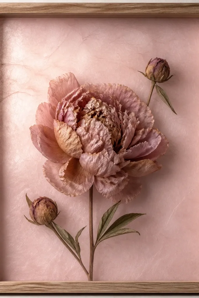 A simple wood frame with a semi-sheer tissue paper background in blush pink. A single dried peony bloom sits centered, with a couple of small buds around it. The tissue glow makes the petals look softer.