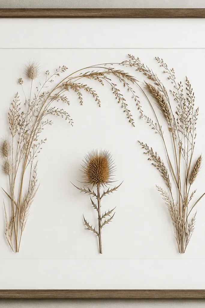 A wide white mat inside a frame. Neutral dried grasses arch across the top and sides, and a single dried thistle sits upright in the center. The background stays mostly blank, with a clean border around the flowers.