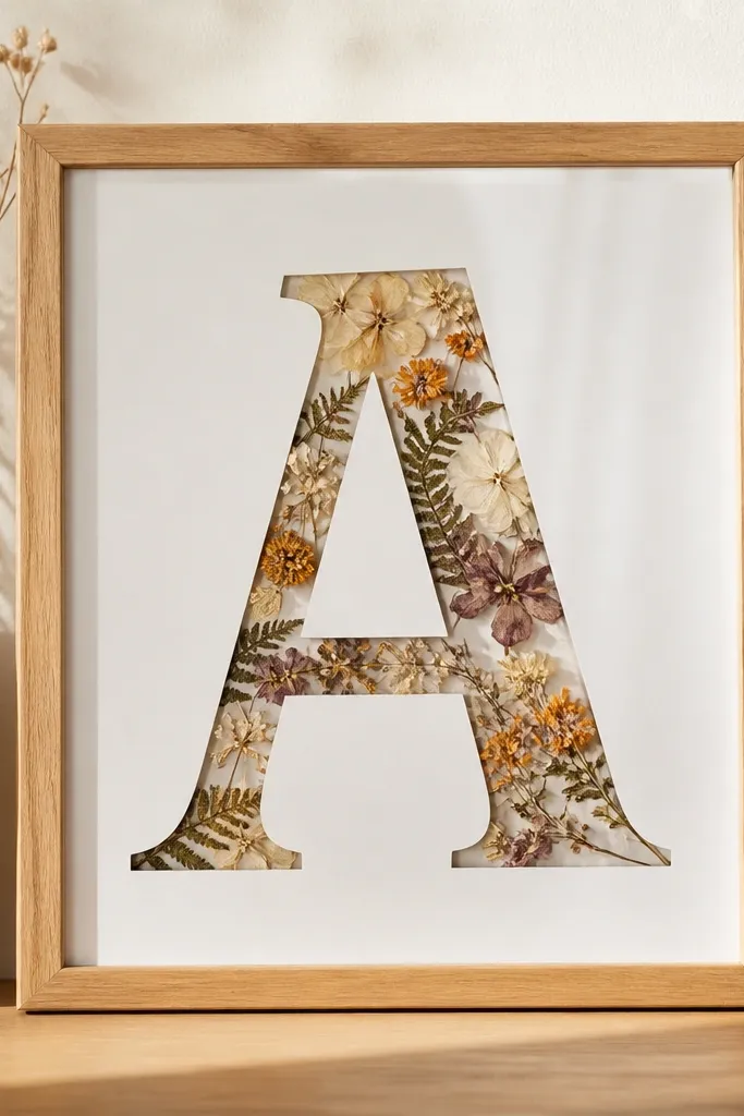 A frame with a clear plastic or acetate layer. A big cut-out letter or stencil shape sits behind dried flowers, and you can see flowers arranged within the letter outline. The design looks crisp and clean through the transparent layer.