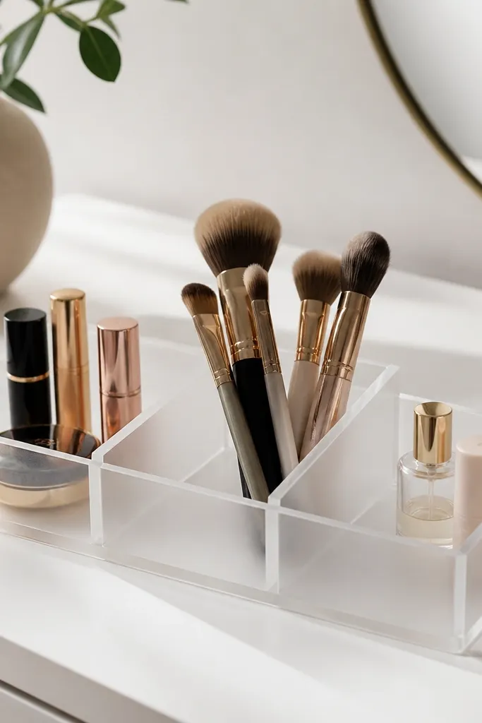 A clear matte-finish acrylic tray sits on a white desk. Inside are two short divider inserts forming three sections. One section holds lipsticks and a small compact, another holds makeup brushes, and the last holds a tiny bottle and a lip balm tube.