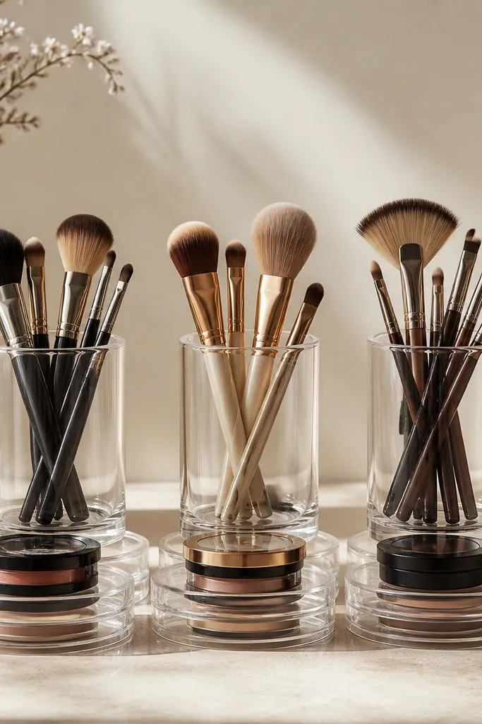 Three clear acrylic cups lined up on the desk, each holding makeup brushes. Beneath them are small circular clear-lid trays stacked like risers, with a few compact cases resting on top.