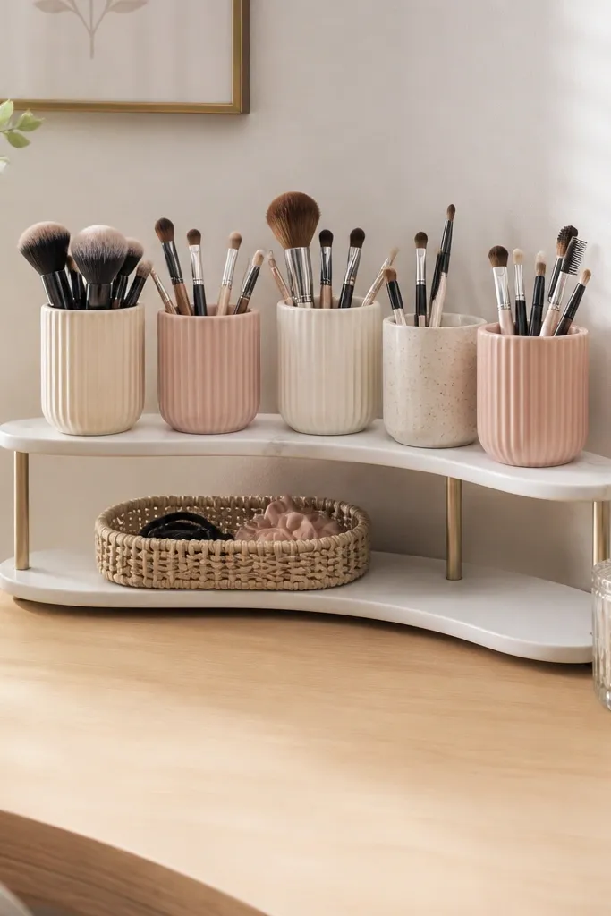 A two-tier riser rack sits near the back of a desk. The top tier holds a row of brush cups, and the bottom tier holds a small basket for hair ties. Everything is arranged in a slight curve so tools match the desk's flow.