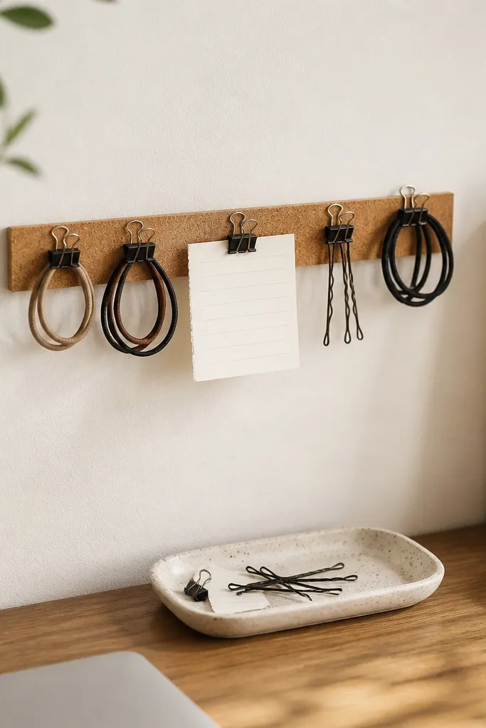 A narrow cork strip mounted on the wall above the desk. Small binder clips hold hair ties, a few bobby pins, and a handwritten note. A tiny tray below catches loose clips and paper bits.