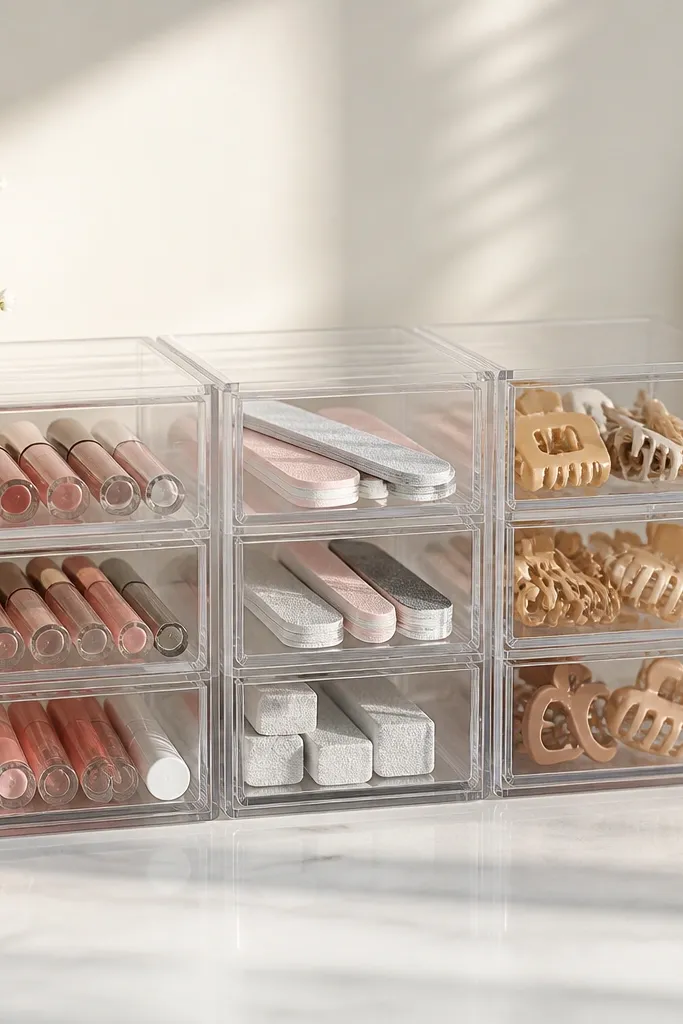 Three clear stackable drawer units sit side-by-side on a desk. Each drawer has smooth front panels and separate compartments for small items. One drawer holds lip gloss tubes, another holds nail files, and the third holds hair clips.