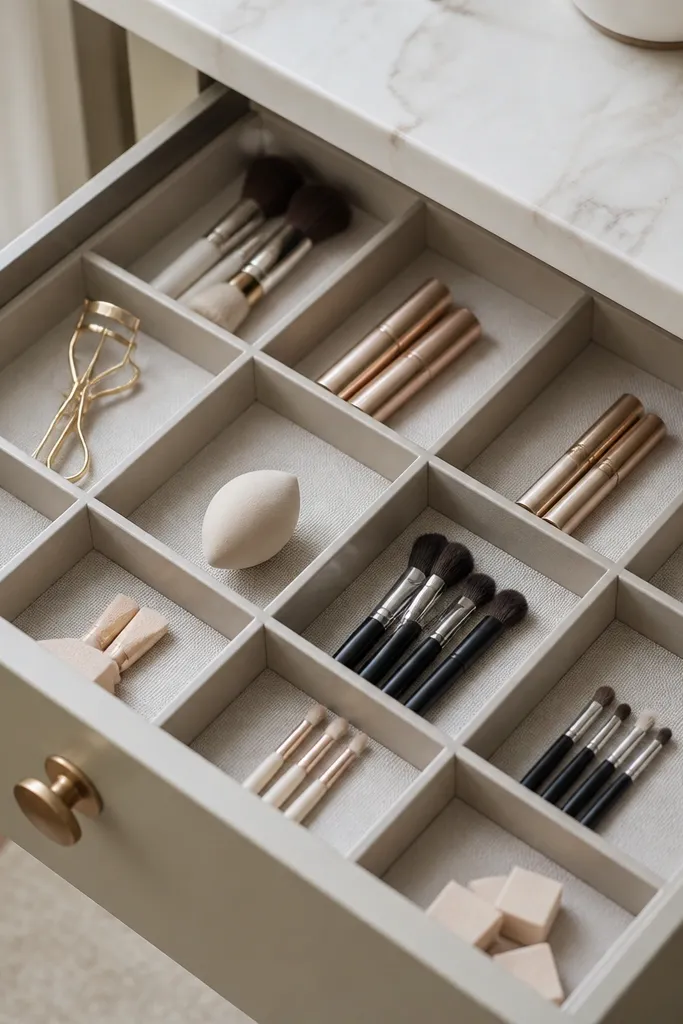 A shallow desk drawer with a grid organizer insert. Each small compartment has a removable liner in pale gray fabric-like vinyl. Makeup tools sit in their own squares, with labels on the front edge.