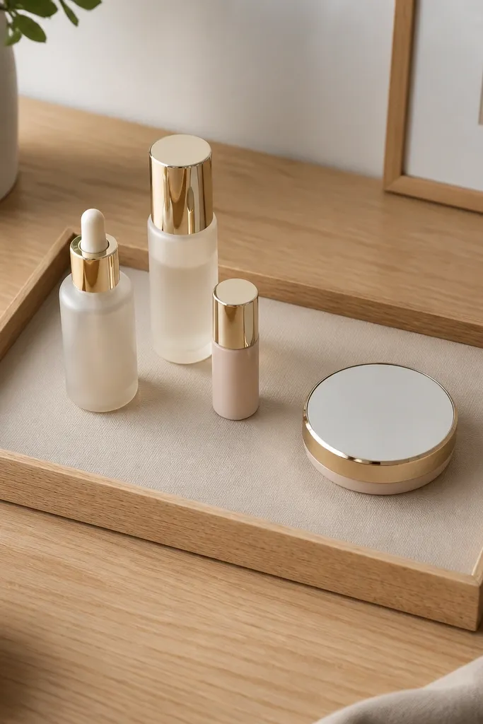 A light oak sealed tray sits on the desk. Inside is a flat silicone mat in a soft neutral color. The mat has a slightly grippy texture and holds a few makeup bottles and a compact case.