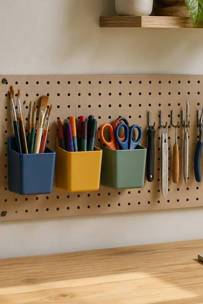 A small pegboard panel is mounted behind a desk. Color-coded plastic bins hang from pegs. Brushes are in one bin, markers in another, and scissors in a third. Hooks hold a tidy row of tools.