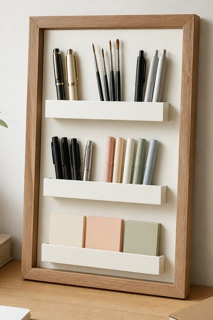 A vertical wood photo frame on the desk. Inside is a sealed panel with three horizontal ledges made from painted craft wood. Pens, small brushes, and sticky notes sit in neat rows.