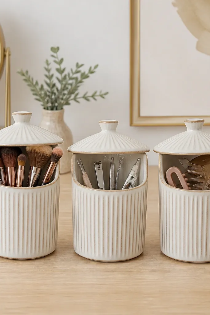Three matching ceramic cups with matching lids sit in a row on the desk. One cup is for makeup brushes, one for nail tools, and one for hair clips. The lids keep dust down and the colors look coordinated.