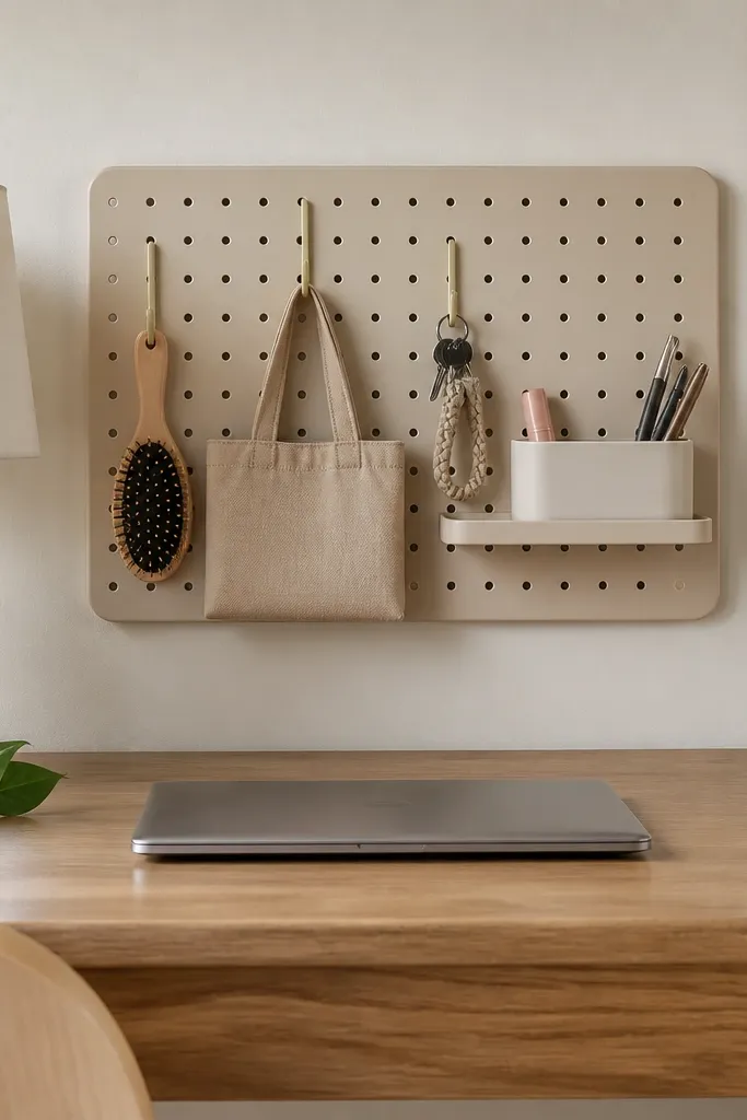 A small pegboard panel mounted behind the desk. Powder-coated hooks hold a hair brush, a small tote, and a set of keys. A mini shelf holds a wipeable bin for lip balm and pens.