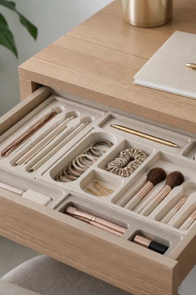 A desk drawer is open with a grid of compartments. Inside are removable foam trays covered with a wipeable fabric or plastic skin. Small items sit in shaped slots for pens, hair ties, and makeup tools.