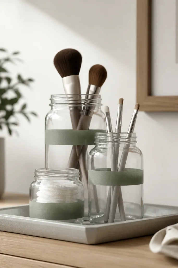 Three mason jars stacked on a desk tray. Each jar has a narrow spray-painted band in matte sage green. A few brushes stand in the jars and a small jar holds cotton rounds.