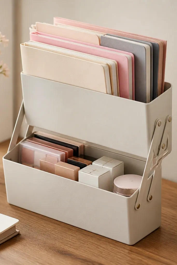 An expandable vertical file tray on the desk with two sections. One section holds homework folders, the other holds makeup palettes and small skincare boxes. The tray has a light neutral finish.