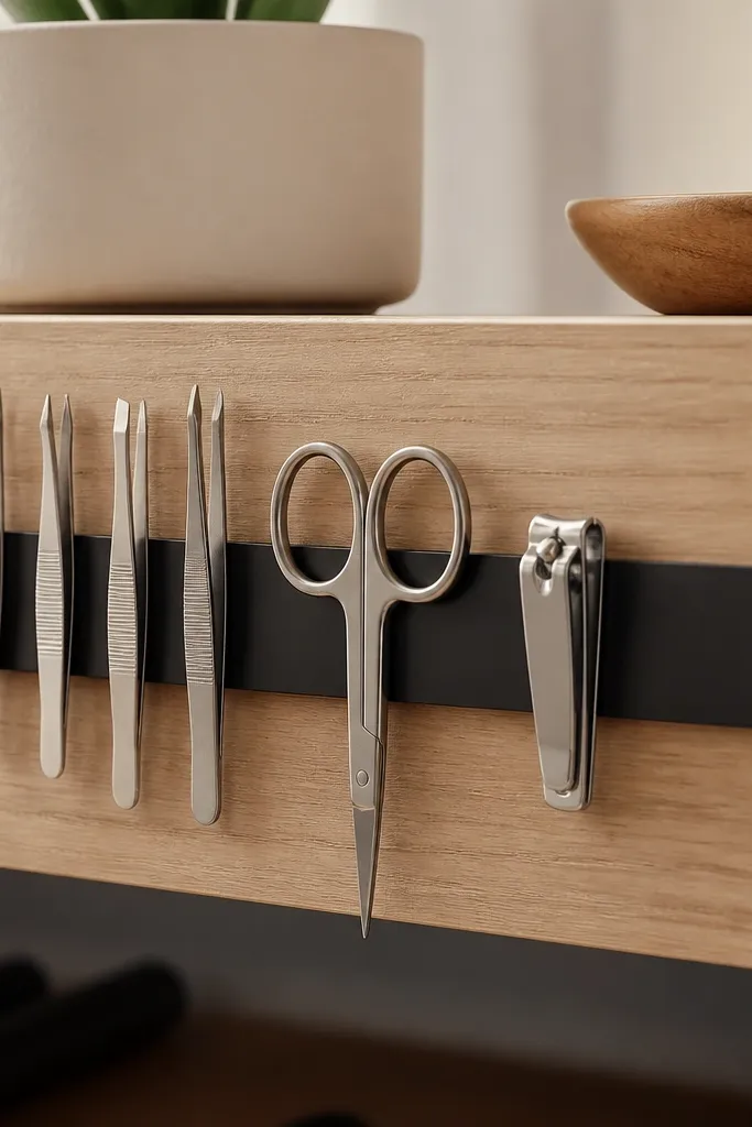 A long magnetic strip is mounted under a shelf or on the side of a drawer. Metal tweezers, scissors, and small nail clippers stick to it. Everything aligns in a neat row.