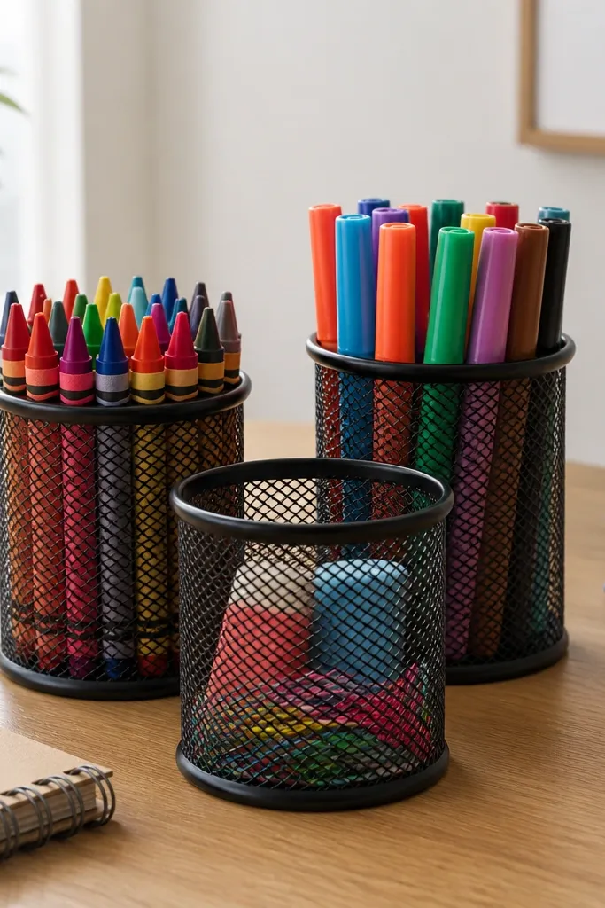 A set of mesh caddies sits on the desk. One caddy holds crayons upright, another holds markers, and a third holds paper clips and erasers. The mesh shows the contents clearly.