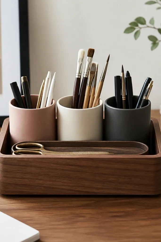 A sealed wood pencil caddy on the desk. Inside are three color-coded cup inserts in blush pink, cream, and charcoal. Pens and brushes sit in separate cups, with a small tray for scissors.