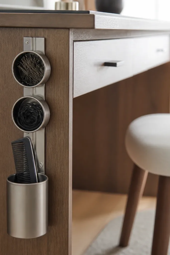 A metal magnetic strip mounted along the side of the desk. Small metal tins snap onto magnets, holding bobby pins and elastics. A larger tin holds a comb and sits at the bottom.