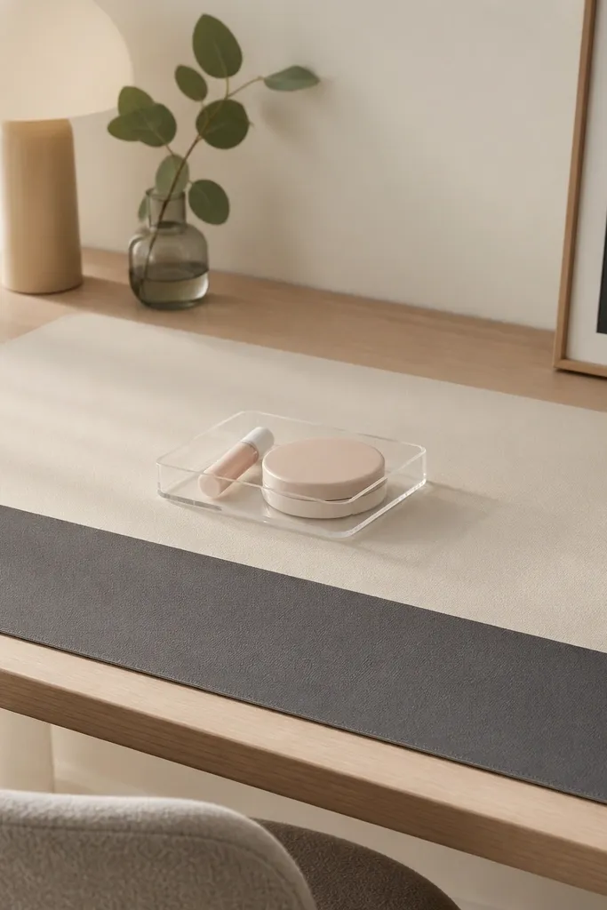 A desk mat covers the desktop in two sections: a light neutral area and a darker strip near the front. A small clear tray sits in the center zone holding lip balm and a compact.