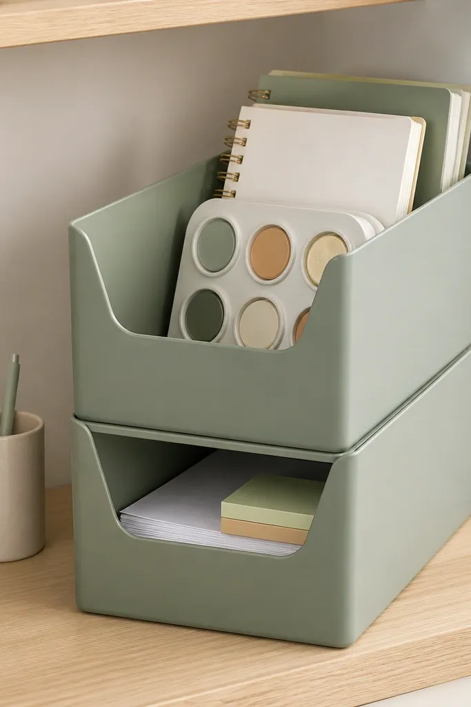 Two stacked vertical file boxes sit on a desk shelf. The top box holds notebooks and a small palette, the bottom holds paper and sticky notes. The boxes have smooth sides and matching colors.