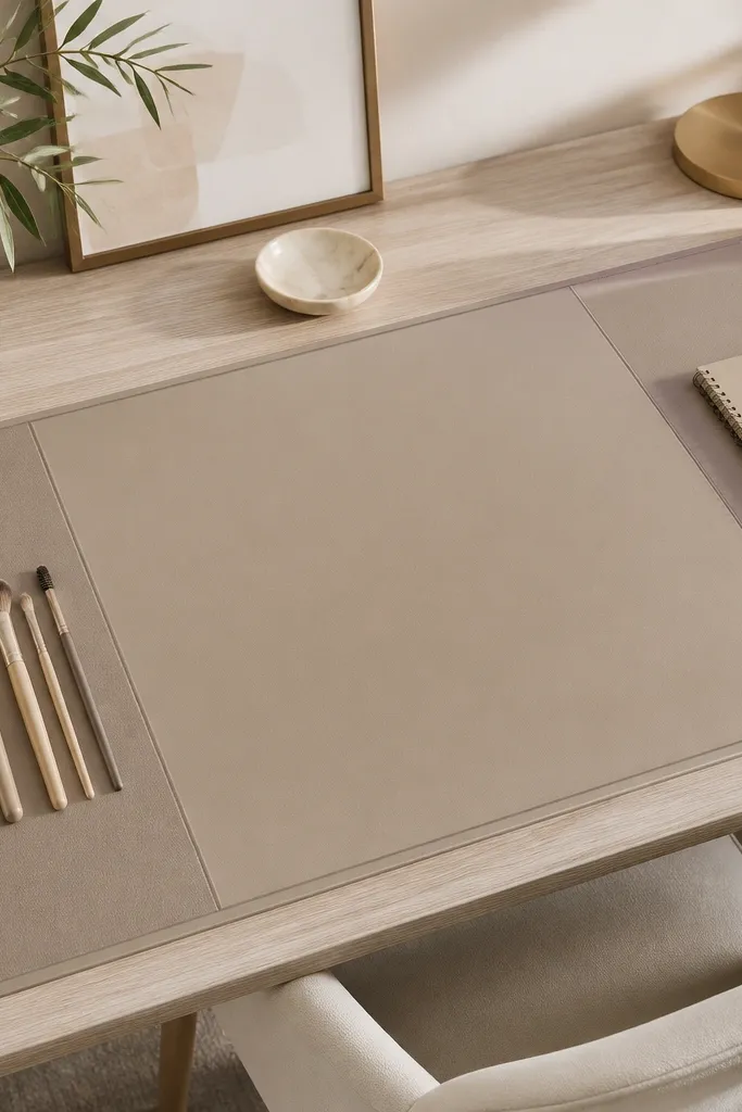 A large wipeable desk mat in light taupe. Two darker sections are marked by thin lines: one for makeup tools, one for writing. A small border frames the center area.
