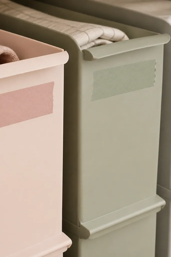 A close-up of bins labeled with painter's tape. Each label has a color block strip in a matching shade, like blush, sage, and light gray. The tape labels sit neatly on the front corners.