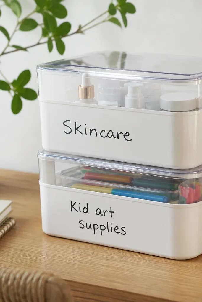 Two stacked lidded storage boxes on the desk. The lids are clear and the fronts have simple labels in black marker with the same handwriting style. One box holds skincare, the other holds kid art supplies.
