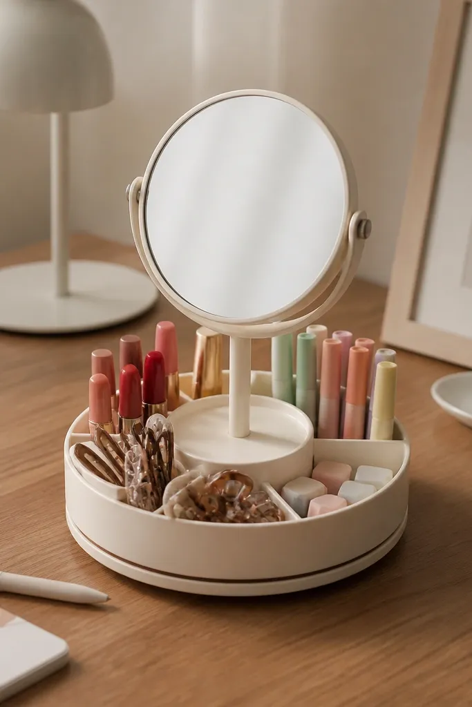 A small rotating lazy Susan sits on the desk. Around the edge are small containers holding lip products, hair clips, markers, and erasers. The center holds a compact mirror stand.