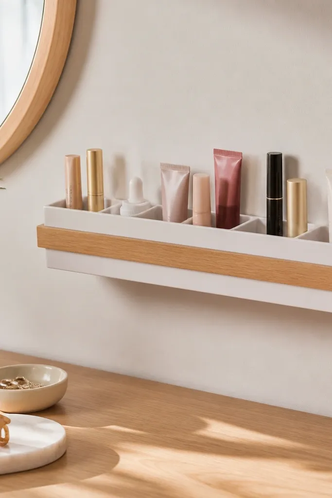 A small spice rack mounted horizontally on the desk. It holds vertical makeup and skincare tubes in neat slots. The rack is painted matte white with a strip of warm wood at the front.