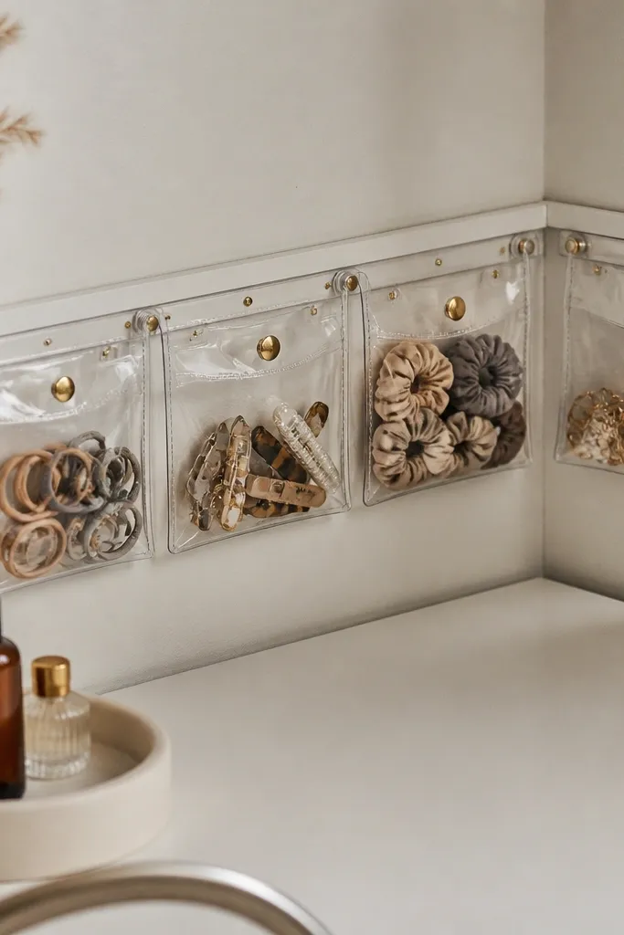 A small rail is mounted along the corner of the desk. Clear hanging pouches hold hair ties, clips, and small accessories. Each pouch has a snap or zipper top and sits flat against the rail.