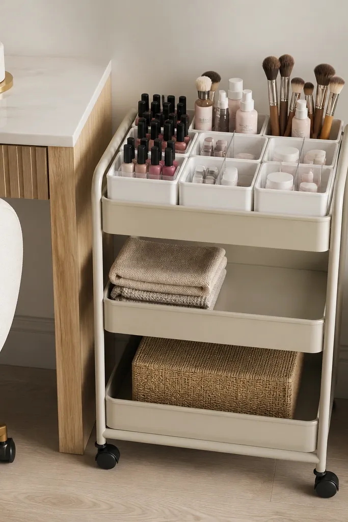 A small rolling cart beside the desk. The top shelf has wipeable bins arranged in a grid. Clear dividers separate nail polish, brushes, and skincare, all within a tidy footprint.