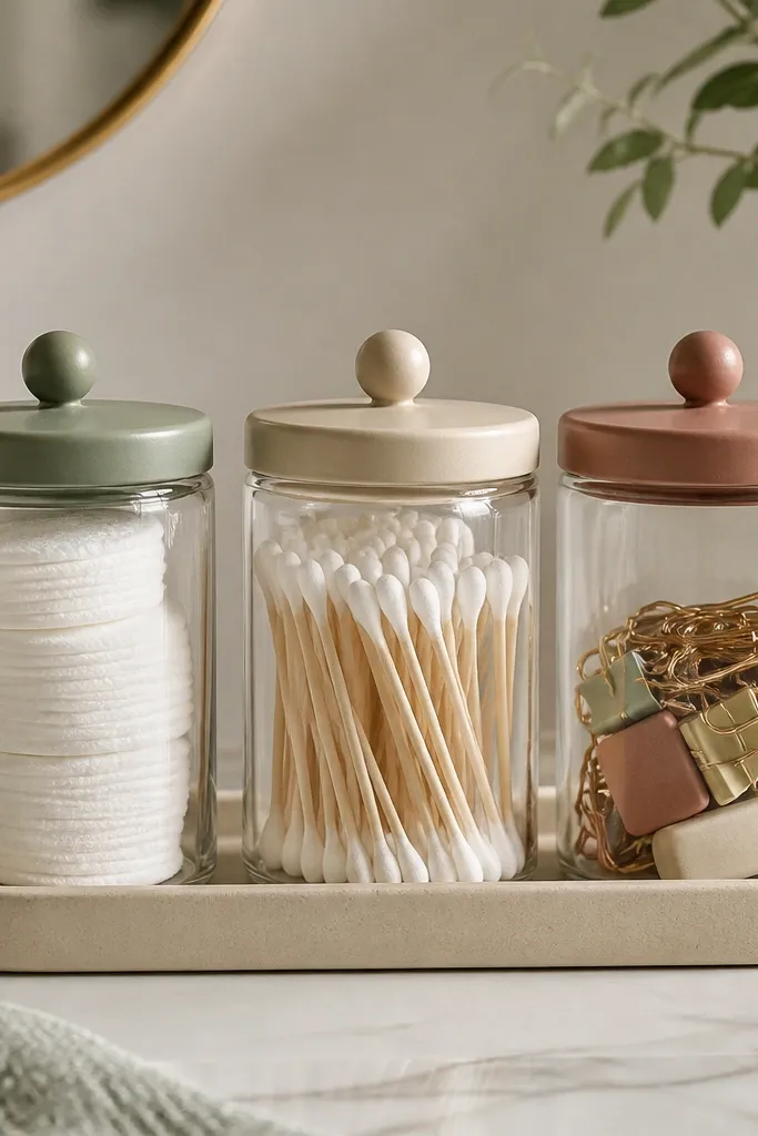 A row of three glass jars sits on a tray. One jar holds cotton rounds, one holds Q-tips, and one holds small stationery items like paper clips and erasers. The jars have matching lids in muted colors.