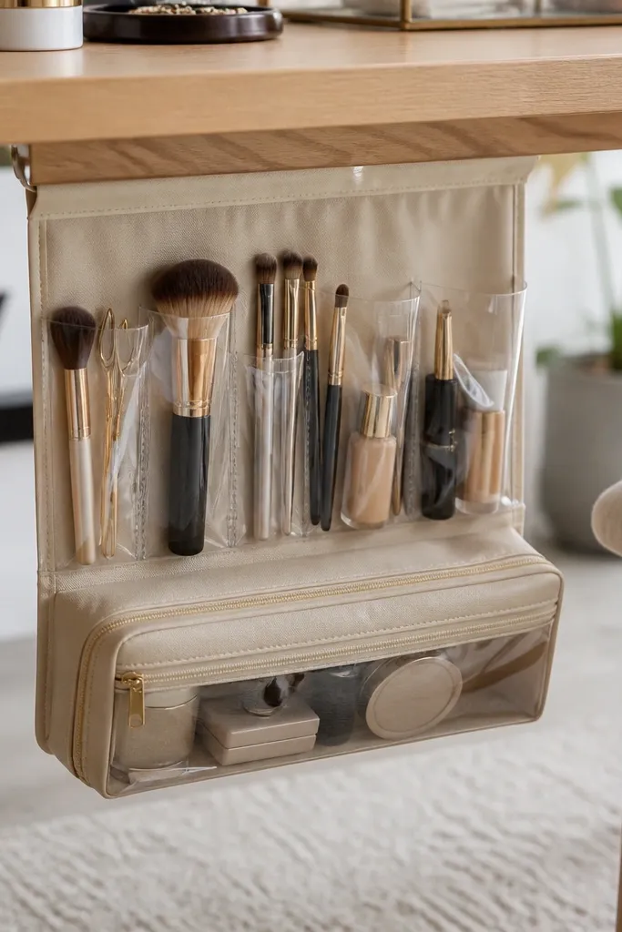 A hanging organizer attached under the desk. It has clear pockets on the outside for brushes and small tools, with a zip pouch for extras. The organizer hangs above the floor, not touching the carpet.