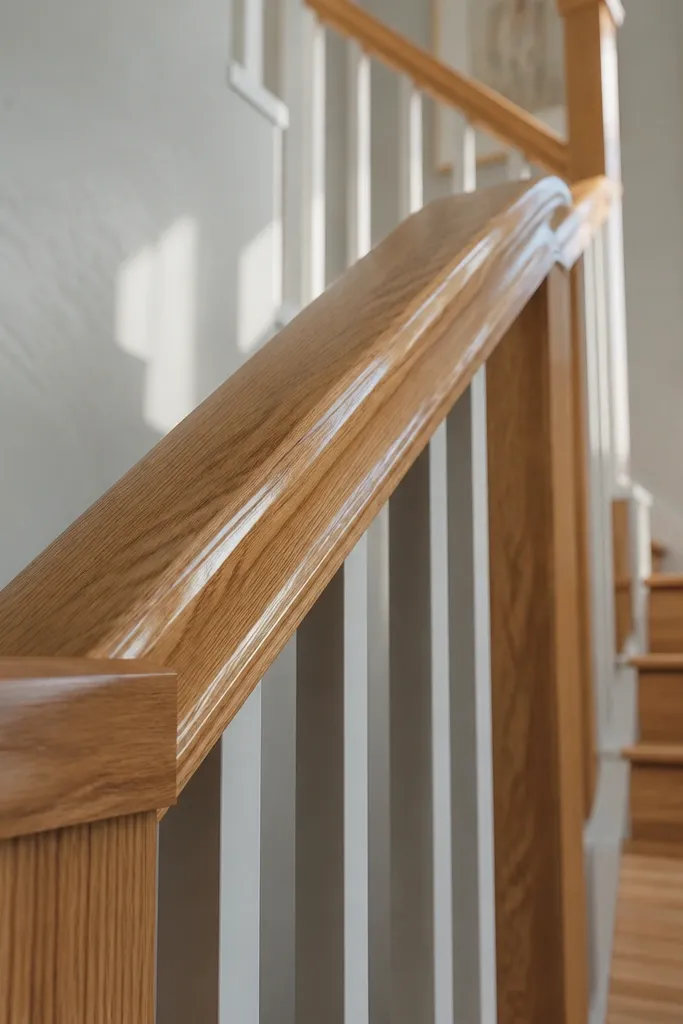 Natural oak handrail with clear glossy-clear finish