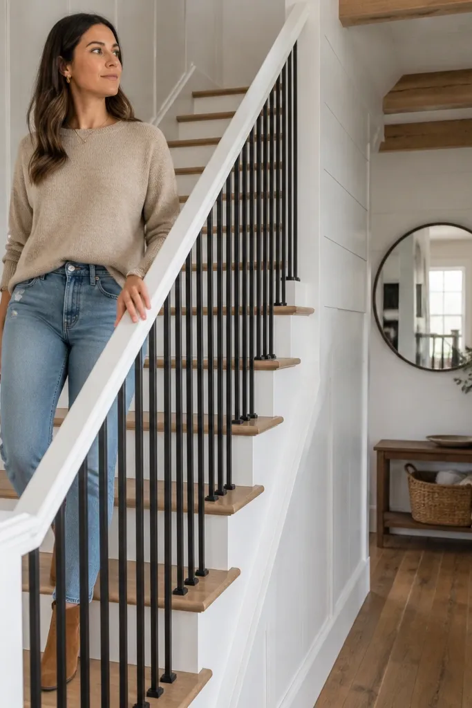 Black metal pickets and white handrail on a staircase